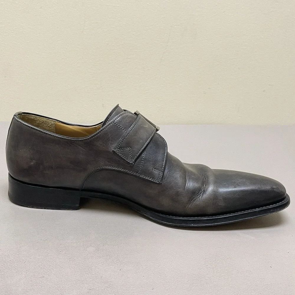 Magnanni Monk Strap Dress Shoes Men 9 M Gray Leather Buckle Brogue Oxford Loafer